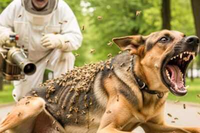 Un berger allemand enduit de miel après avoir mangé des friandises – les abeilles attaquent jusqu’à ce qu’un vieil homme intervienne.